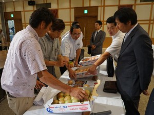 出荷したトマトを見て品質を確認する生産者