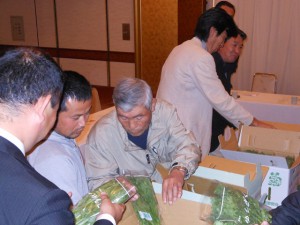 シュンギクの出荷規格を確認する生産者