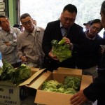 出荷規格を確認する生産者と市場担当者