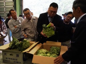 出荷規格を確認する生産者と市場担当者