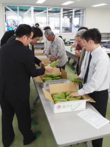 査定品を確認する生産者と市場担当者