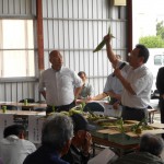 出荷規格について呼びかける市場担当者