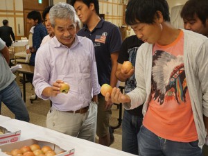 トマトの出荷規格を確認する生産者