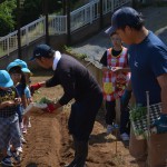 青年部員の説明を聞き、苗を定植しました