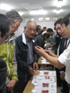 現品を確認する生産者と市場担当者