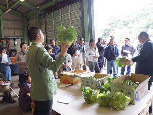 査定品を確認する生産者と市場担当者