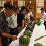 現品を確認する生産者と市場担当者（6月28日）