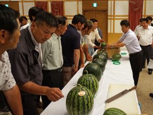 現品を確認する生産者と市場担当者（6月28日）